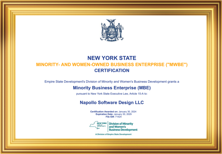 New York State Women-owned Business Enterprise certification awarded to Napollo