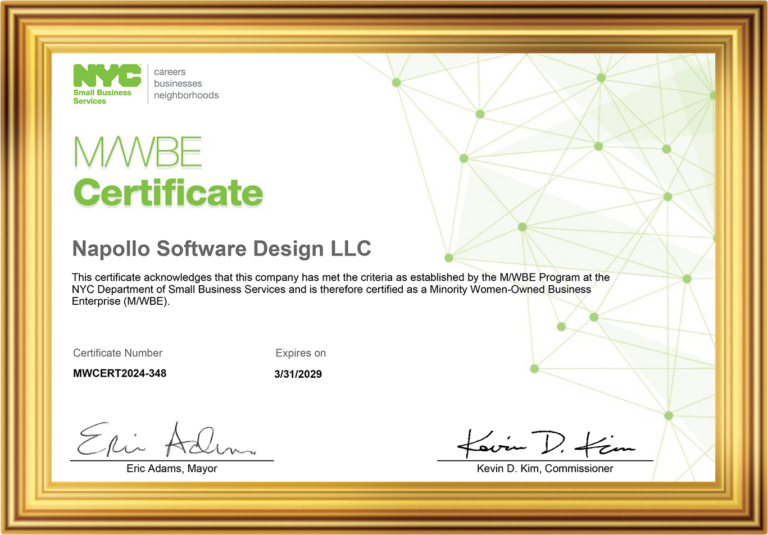 New York State Minority Business Enterprise certification awarded to Napollo
